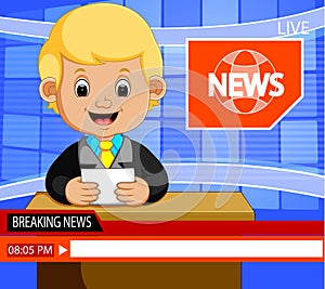 Young news anchor man reporting breaking news sitting in a studio