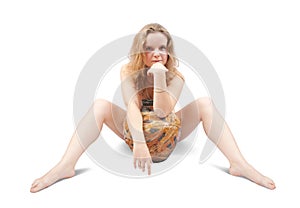 Young nudity girl with jug on white