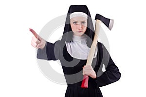 Young nun with axe