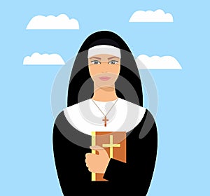 Young nun with a Bible in hand. Cartoon nun