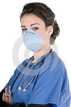 Young nurse, blue scrubs, mask, stethoscope