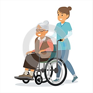 Young Nurse carries a grandmother in a wheelchair. Old woman in rehabilitation on a hospital