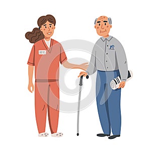 Young nurse helping and supporting elderly man. Yound woman and old man on white background. Nursing home. Senior people