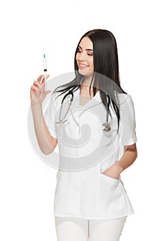 Young nurse preparing injection with vaccine for flu.