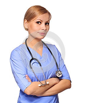 Young nurse with stethoscope isolated