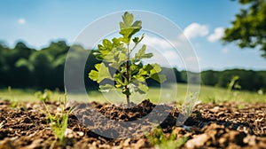 a young oak tree sprouting from the ground in the middle of a field