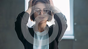 Young office woman break work head massage