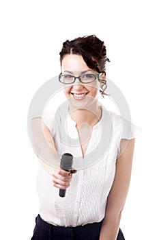 Young office woman interviewer with microphone on white backgrou