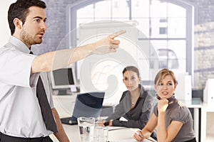 Young office worker leading business training photo