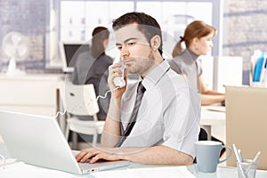 Young office worker using laptop talking on phone
