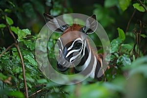Young okapi looking through dense vegetation in its natural habitat