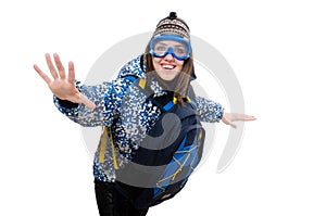 Young optimistic girl with rucksack isolated on