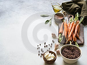Young orange carrots, cream-cheese, lentils, spices and herbs. baking ingredients. Various ingredients for baked carrots. Copy spa