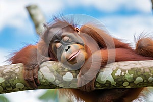 young orangutan dozing on a comfy tree branch