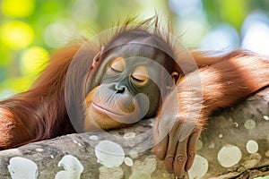 young orangutan dozing on a comfy tree branch