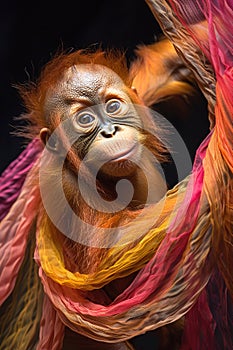 Young orangutan with expressive eyes draped in colorful fabrics., Generated AI