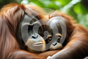 Young orangutan sleeping mother zoo female orang eating rehabilitation forest jungle baby cute asia animal creature swing ape