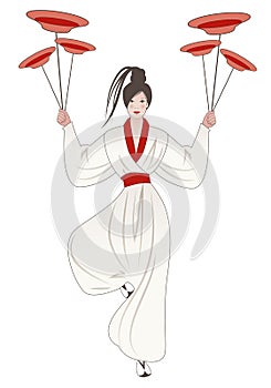 Young oriental girl wearing a kimono, holding dishes balanced on a pole, isolated on white background