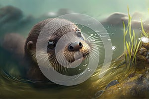 Young otter pup with a mischievous glint in its eye, popping its head out of the water, eager to play and frolic with its family