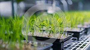 Young paddy saplings growing in trays in an indoor agriculture facility