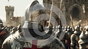 A young page watches in awe as a group of Teutonic Knights return victorious from battle their armor shining in the sun