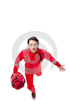 The young paramedic in red uniform isolated on white