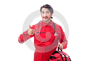 The young paramedic in red uniform isolated on white