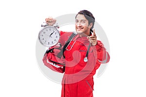 The young paramedic in red uniform isolated on white