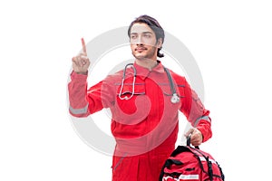 The young paramedic in red uniform isolated on white