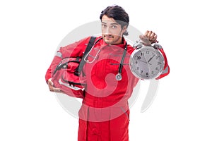 The young paramedic in red uniform isolated on white