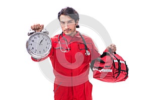 The young paramedic in red uniform isolated on white