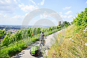 Young Parent Cycling With Bike Trailer