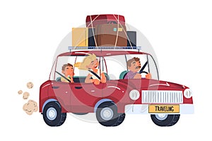 Young Parent with Kid Traveling by Car with Luggage Trunks on Roof Having Trip on Vacation Vector Illustration