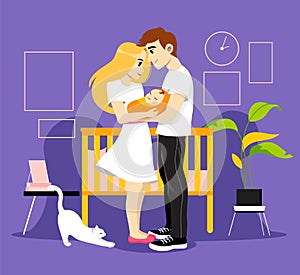 Young Parents Couple Holding Their Newborn Baby. Kid s Bedroom With Cradle, Plants And Cat. Happy Smiling Mother And