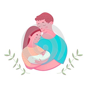 Young parents holding a newborn vector illustration