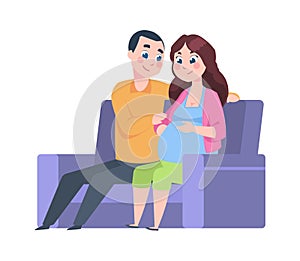 Young parents at home. Future father and pregnant woman sitting on sofa. People expecting childbirth. Husband supports