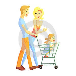 Young Parents With Little Girl Shopping, Happy Loving Families With Kids Spending Weekend Together Vector Illustration