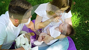 Young parents sitting with sweet baby and pet in summer park