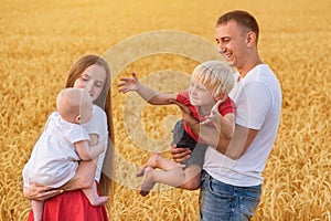 Young parents and two children having fun outdoors. Happy family walking through wheat field