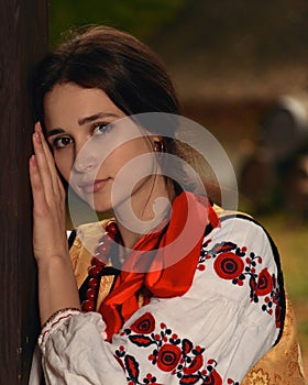 Young pensive woman dressed traditional ukrainian embroidered clothes vyshyvanka looking at camera outdoors