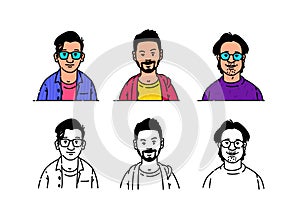 Young people avatars in minimalistic style. Botanists, geeks and hipsets, brand characters for the logo. Vector. Fashionable moder