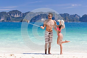 Young People On Beach Summer Vacation, Couple Taking Selfie Photo Seaside Blue Water