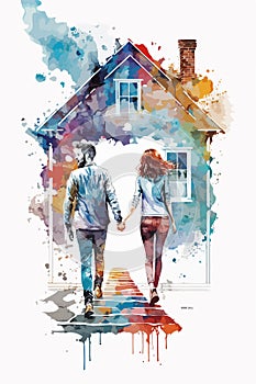 Young people bought the new house vector watercolor illustration and paint splatters.