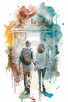 Young people bought the new house vector watercolor illustration and paint splatters.