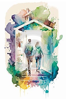 Young people bought the new house vector watercolor illustration and paint splatters.