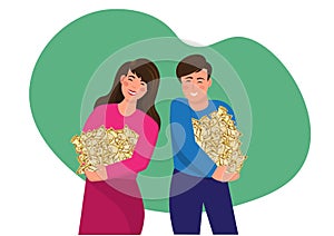 Young people and business money acquired from doing business together Make two people richer. vector illustration