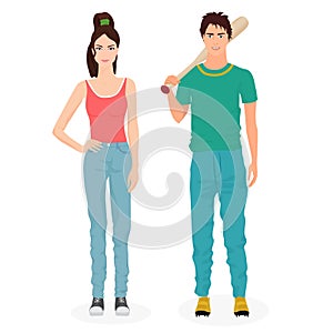 Young people in casual clothes. Teen guy and girl. Neenagers male female couple together. Flat vector illustration.