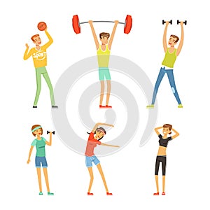 Young People Character Doing Sport and Physical Exercise Training Body and Muscle in Gym Vector Set