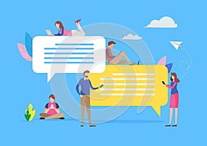 Young people chatting in social media via smartphone and laptop. Speech bubble message. vector illustration. Flat cartoon