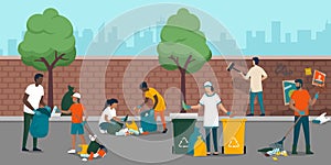 Young people cleaning up a city street together